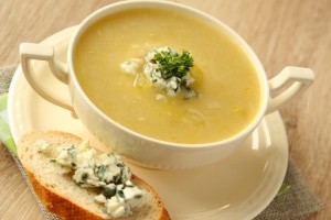 Onion soup with celery and blue cheese sandwich